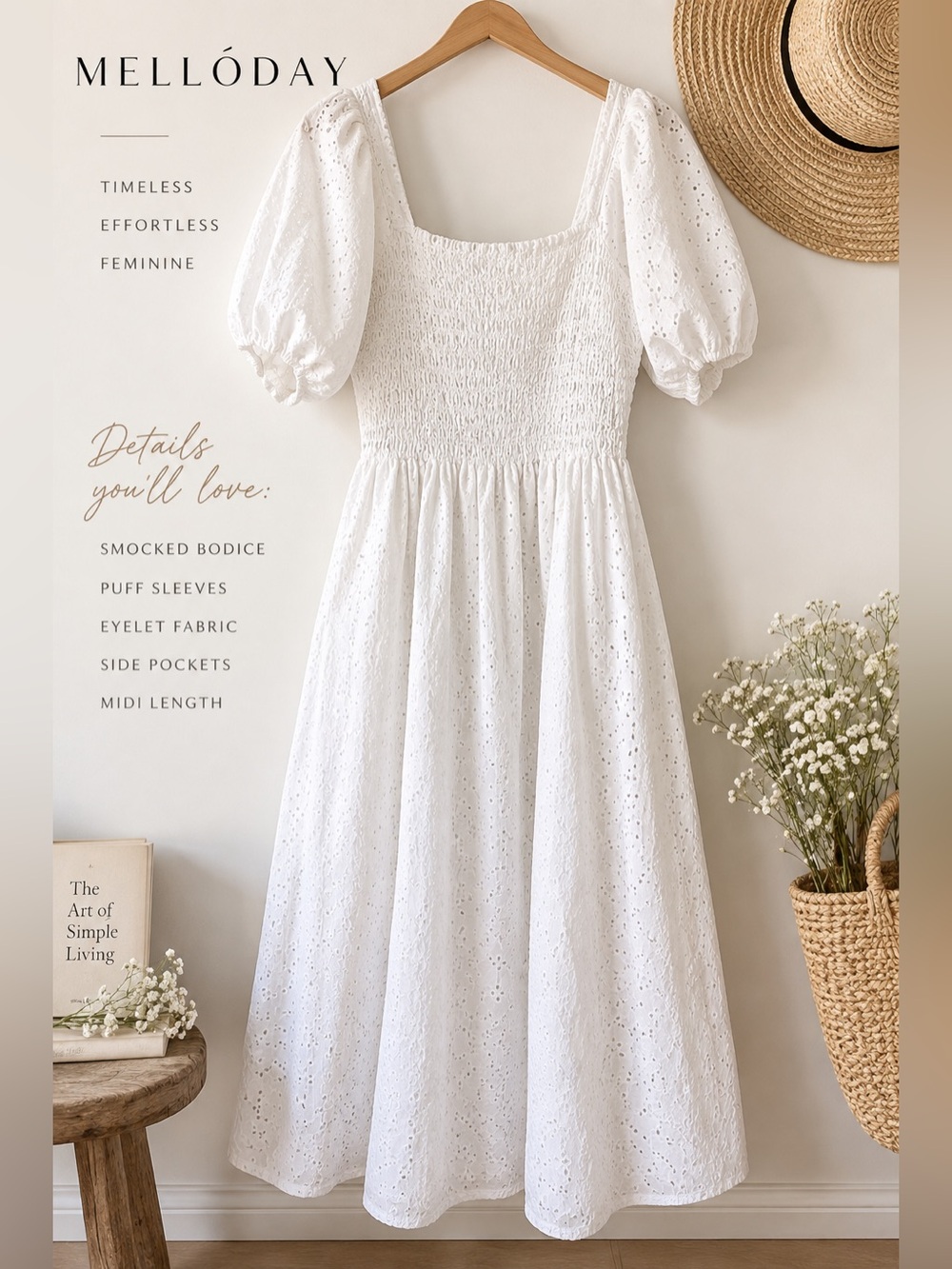 MELLODAY White Eyelet Puff-Sleeve Midi Dress